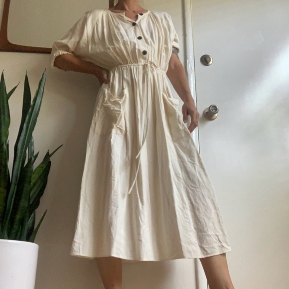 Zara Ecru Off White Cream Button Up Down Drawstring Pocket Linen Midi Dress - Picture 7 of 16